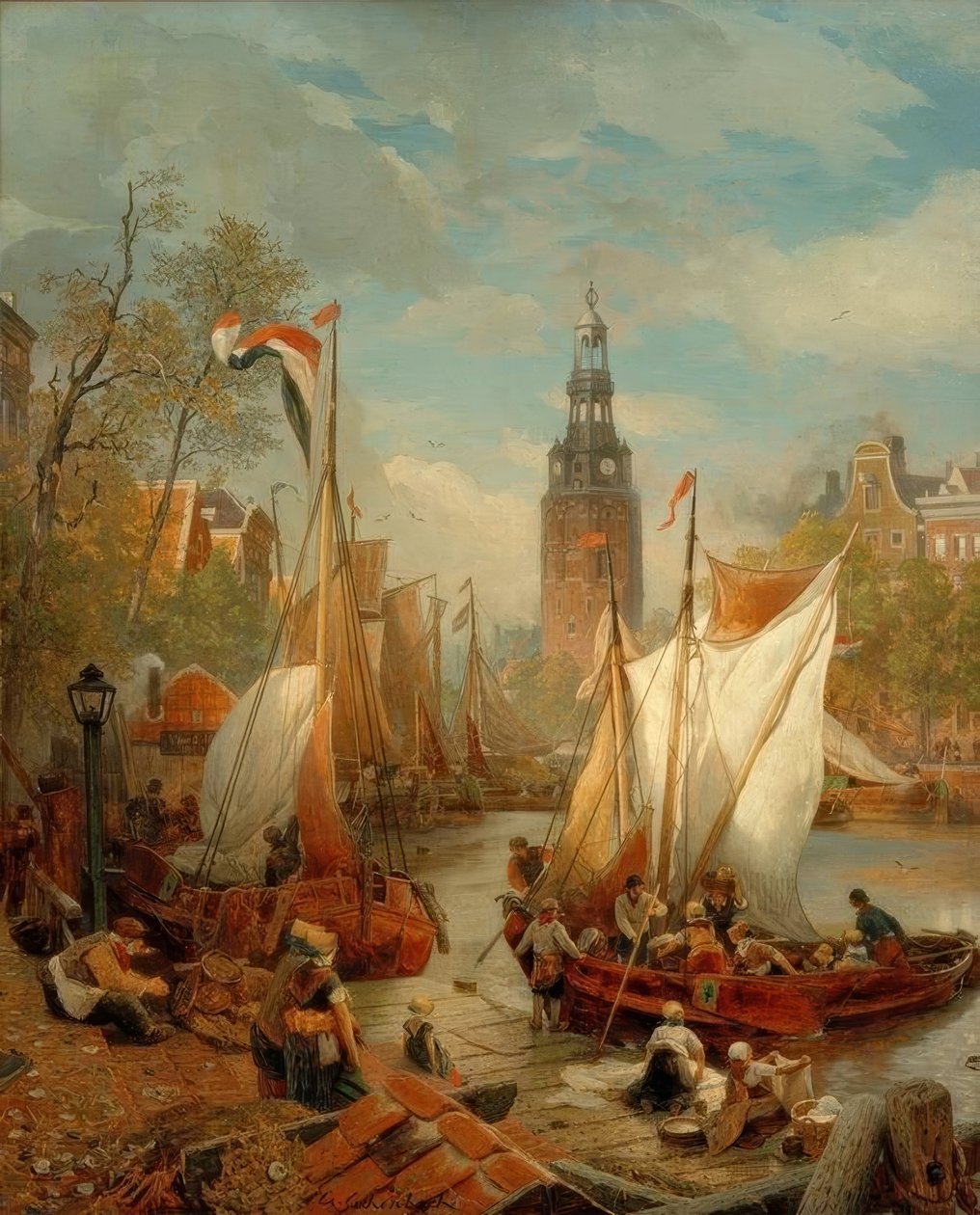 Havnescene i Amsterdam (hollandsk strandbillede) af Andreas Achenbach