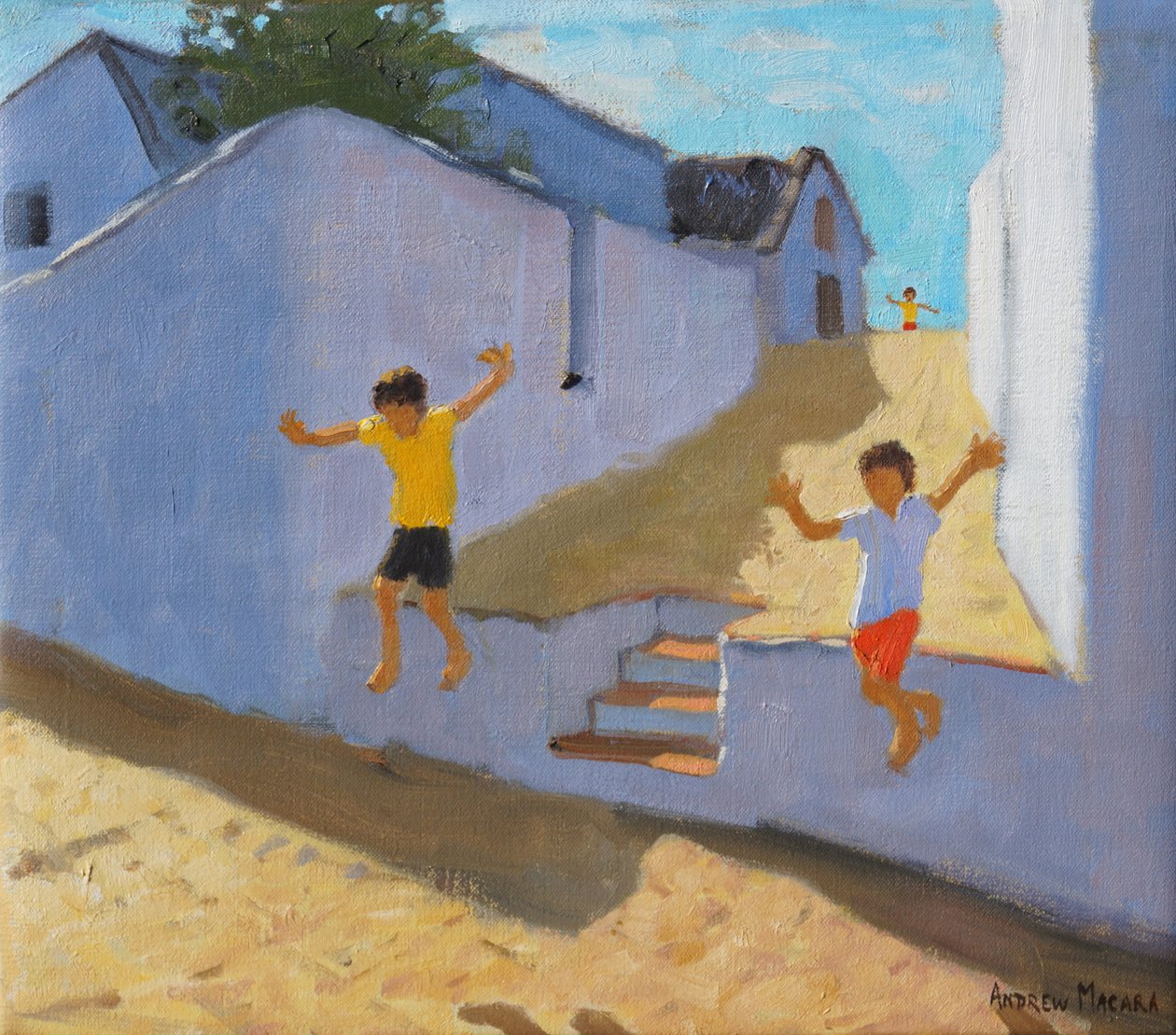 Hoppe ned fra en væg, Mykonos, 2015, af Andrew Macara