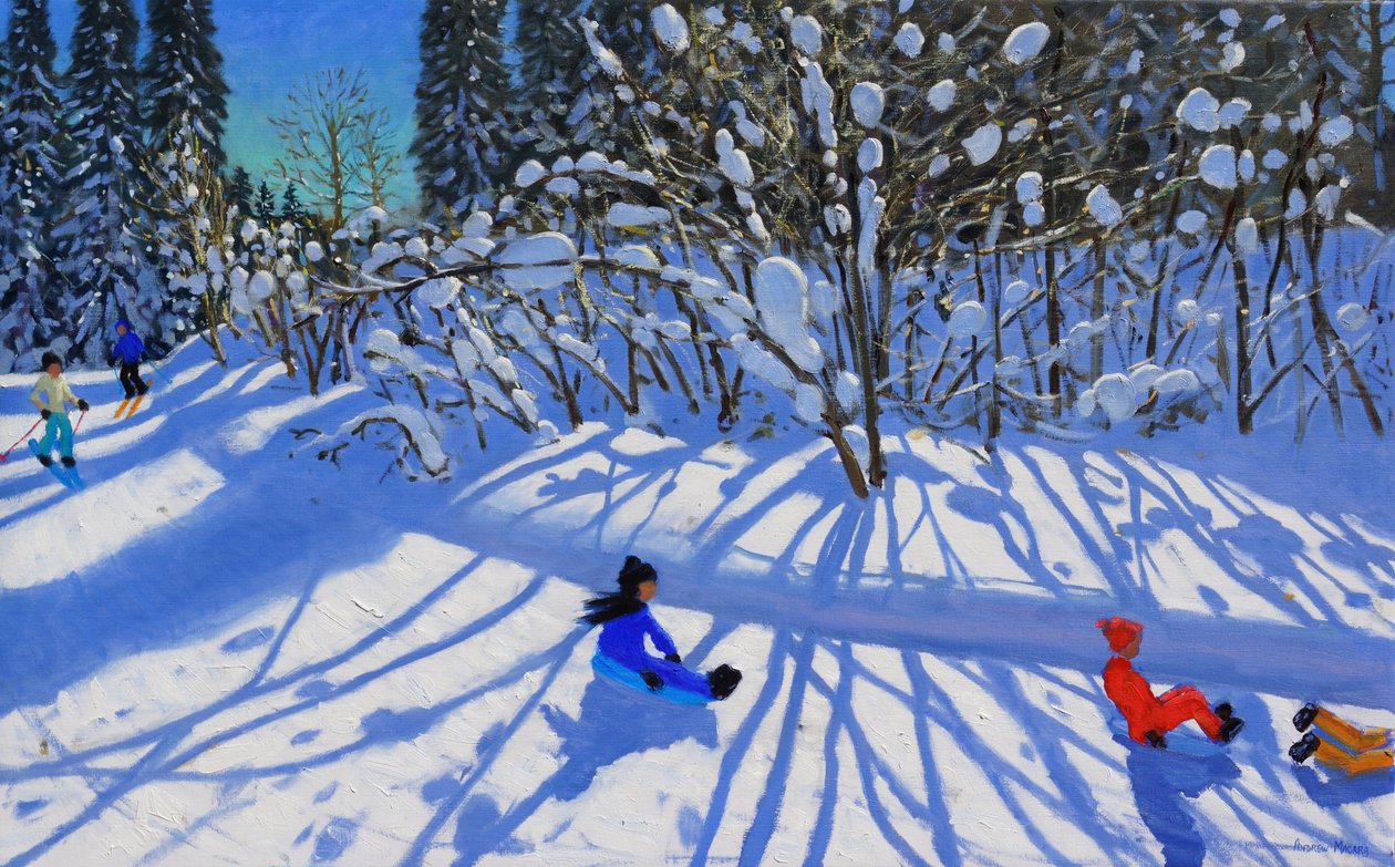 Slæde og stå på ski ned ad stien, Morzine, af Andrew Macara