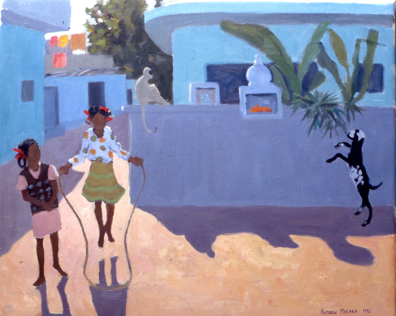 Pige, der hopper, abe og ged, Indien af Andrew Macara