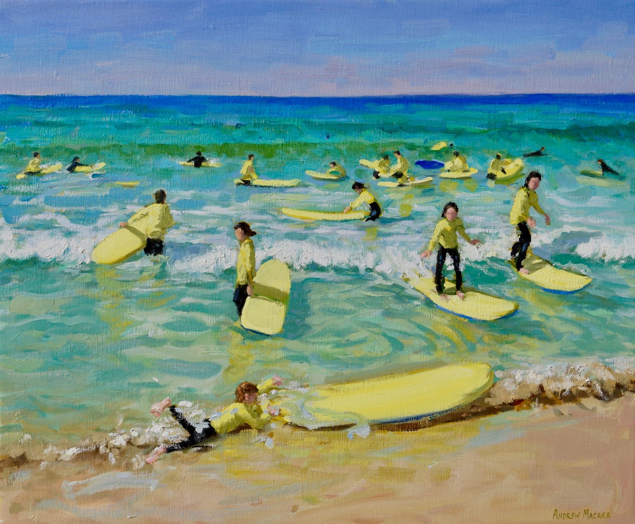 Sommersurfing, St Ives. 25x30",2019 (olie på lærred) af Andrew Macara