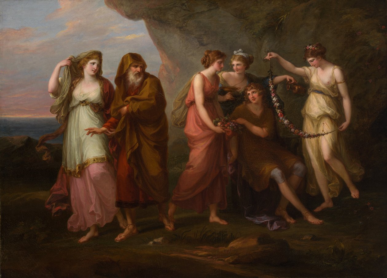 Telemachus and the Nymphs of Calypso, 1782. af Angelica Kauffman