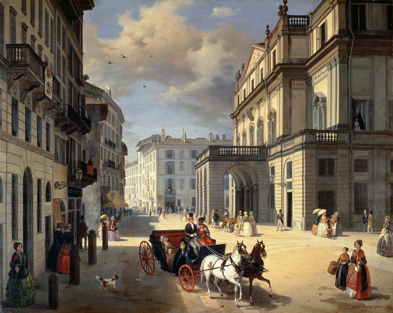 Forsiden af La Scala Theatre, 1852 af Angelo Inganni