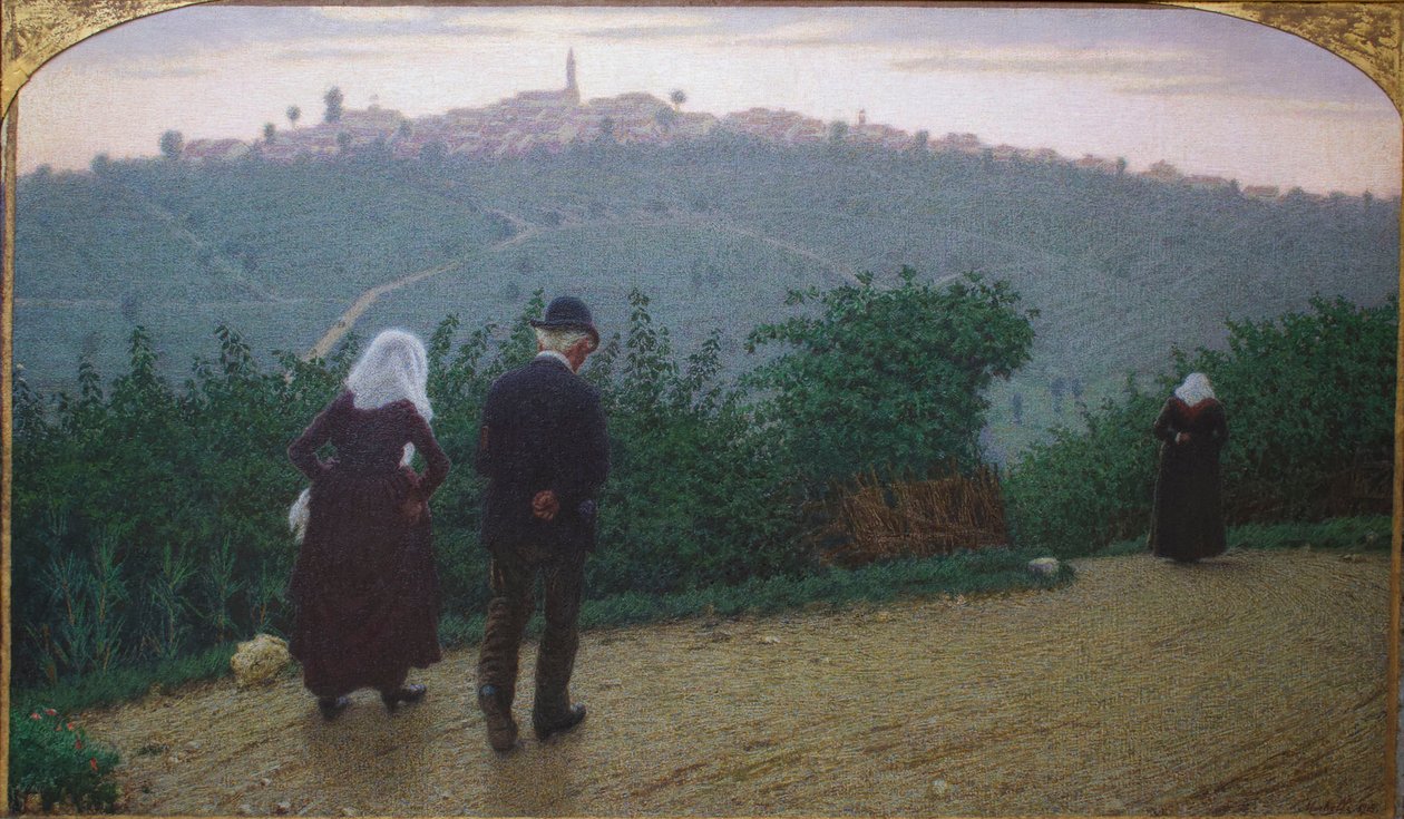 Søndag Dawn første messe. af Angelo Morbelli
