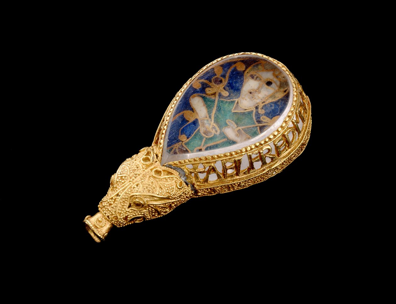 Alfred Jewel (guld, bjergkrystal og emalje) (set fra siden) af Anglo Saxon