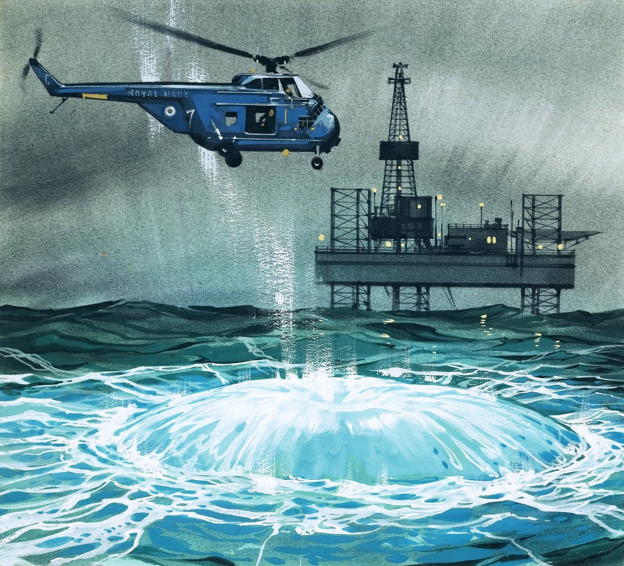 En helikopter nærmer sig en boreplatform af Angus McBride