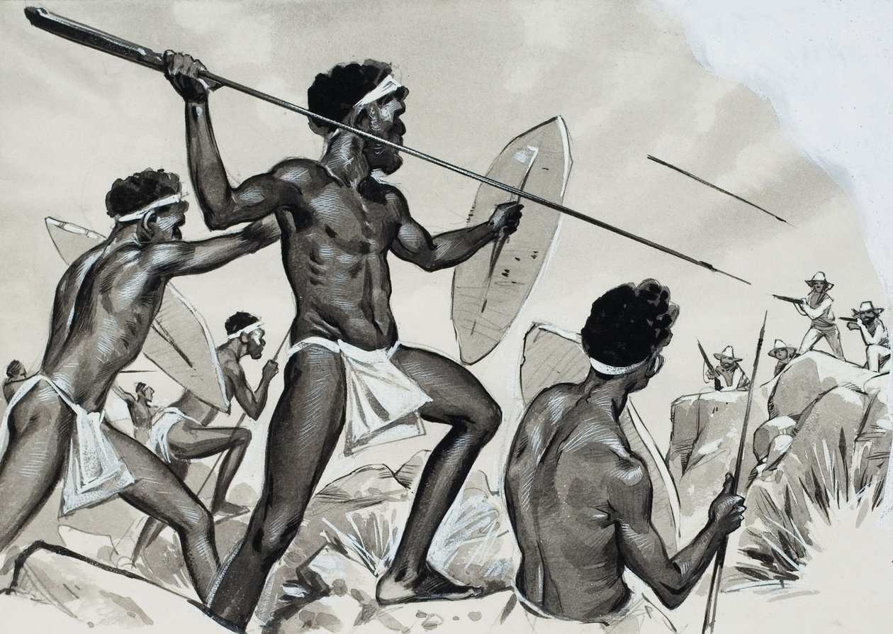 Aboriginer under angreb (gouache på papir) af Angus McBride