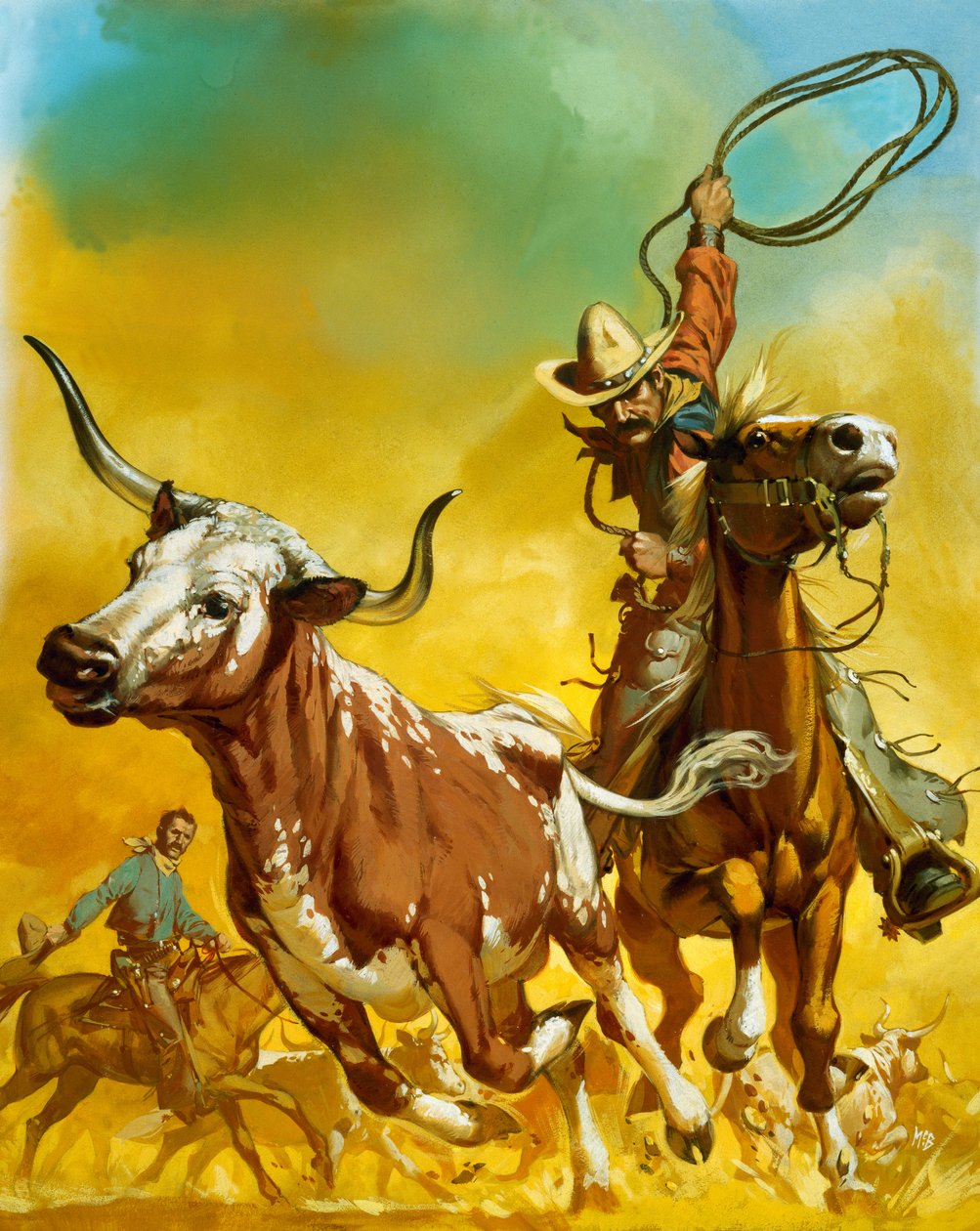 Cowboy fanger kvæg med lasso (gouache på papir) af Angus McBride