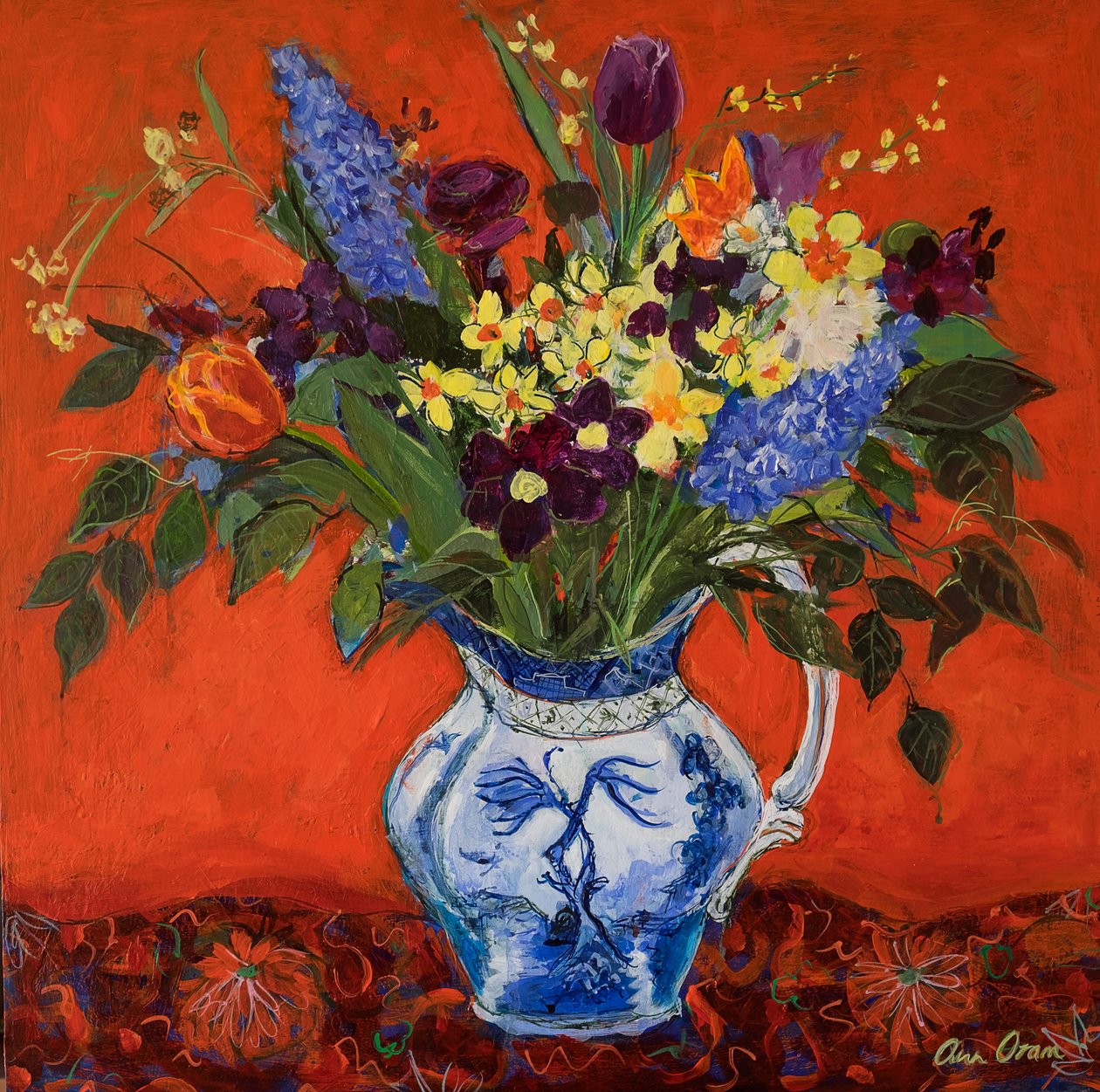 Forårsblomster på rødt, 2017 (akryl) af Ann Oram