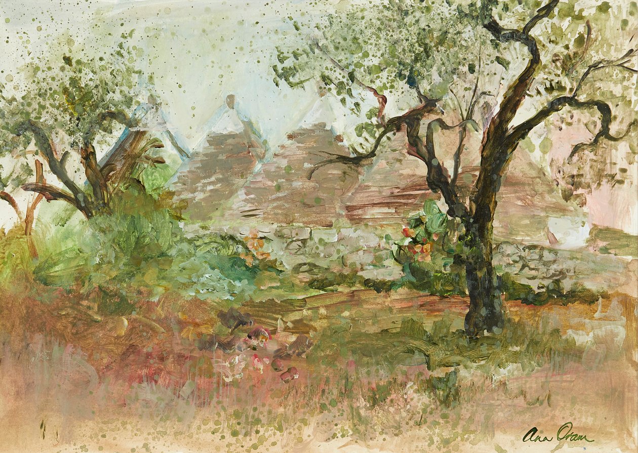 Trulli og oliventræ (akvarel og gouache) af Ann Oram