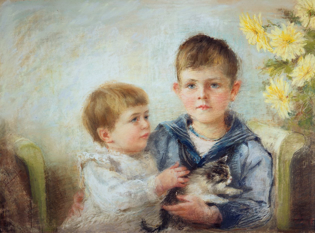 En dreng og en pige med en kattekilling, 1889 (pastel på papir) af Anna Lea Merritt