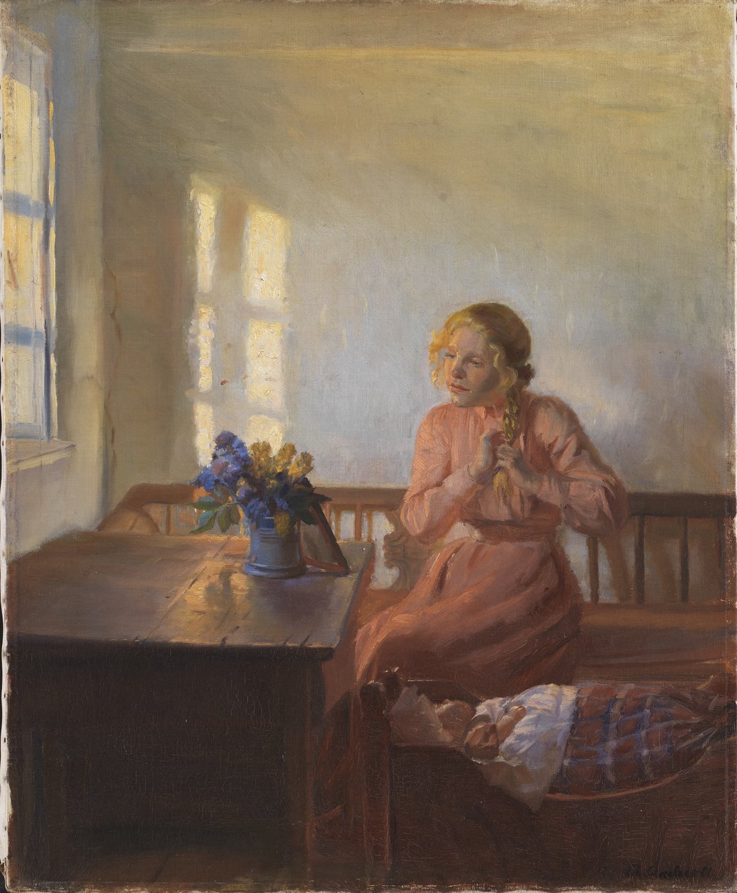 En ung pige, der fletter sit hår af Anna Ancher