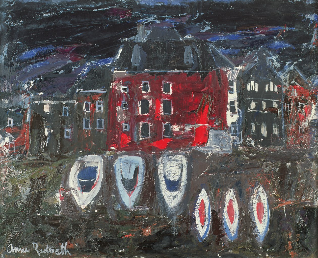 Bådeværft, Amsterdam (olie om bord) af Anne Redpath