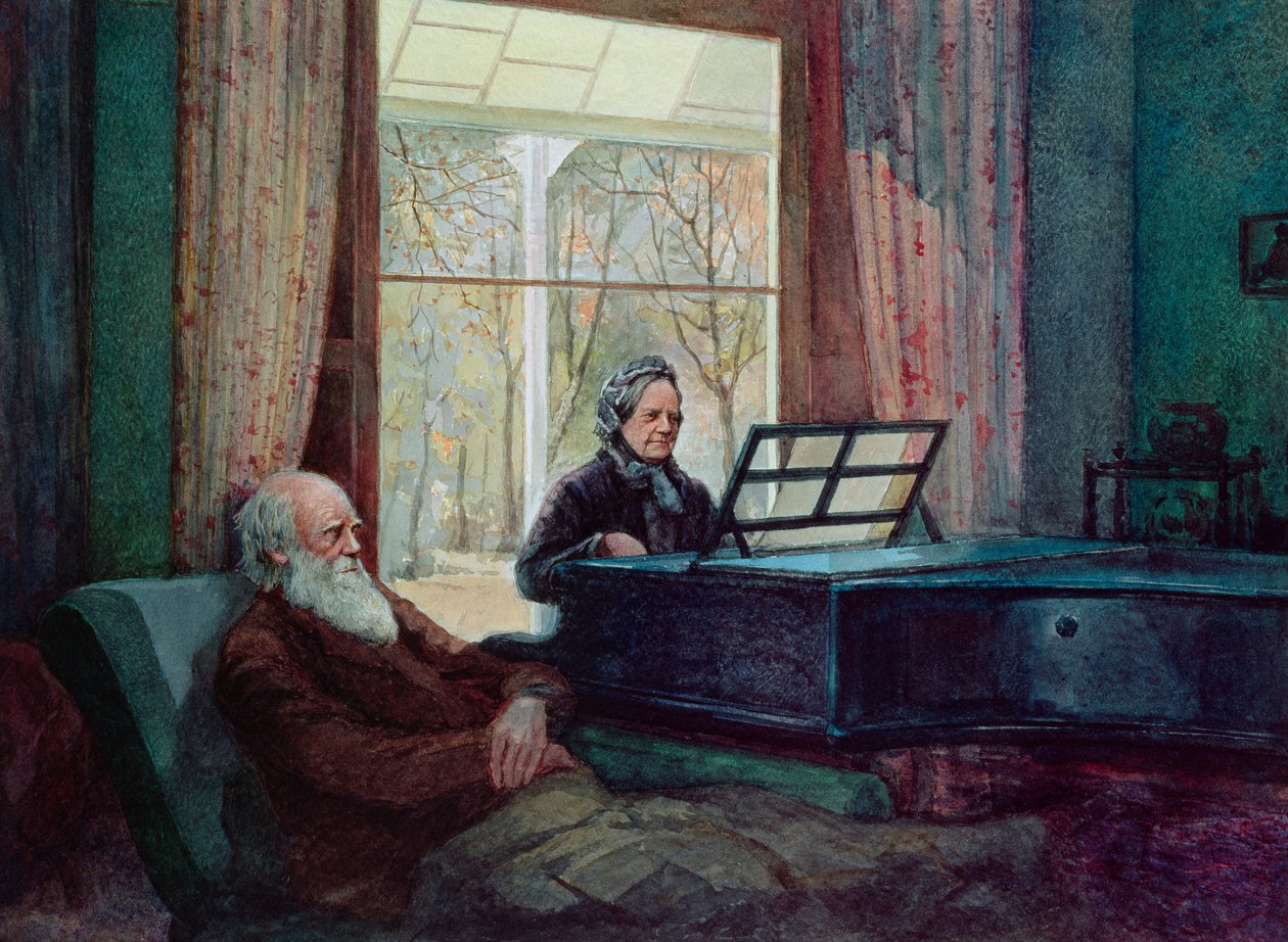 Charles Darwin og hans kone ved klaveret af Unbekannt Unbekannt