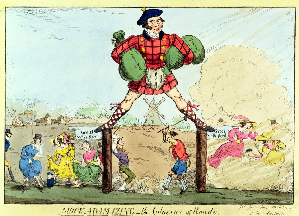 Mock-Adam-izing: the Colossus of Roads, en lampoon af John MacAdam, 1827 (tryk) af Unbekannt Unbekannt