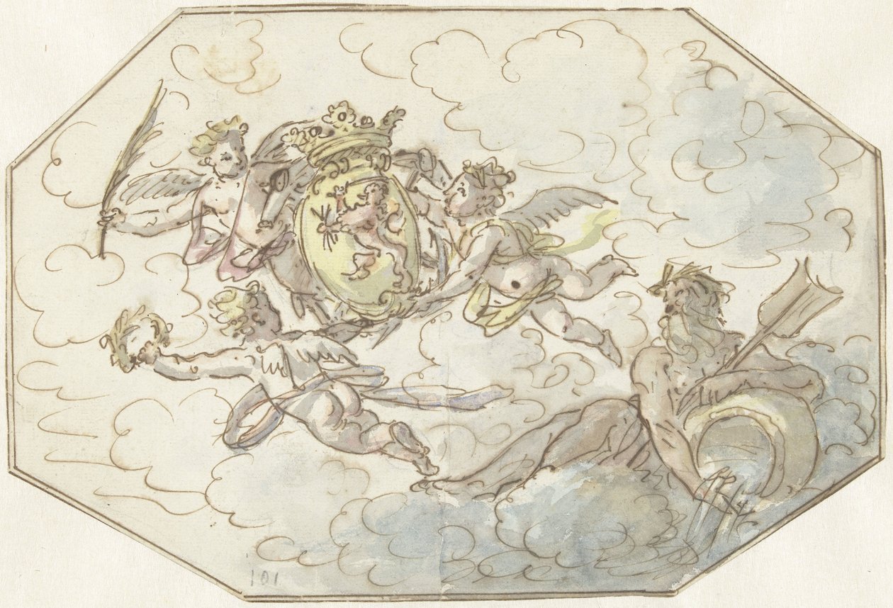 Allegori med putti med våben og flodgud af Anonymous