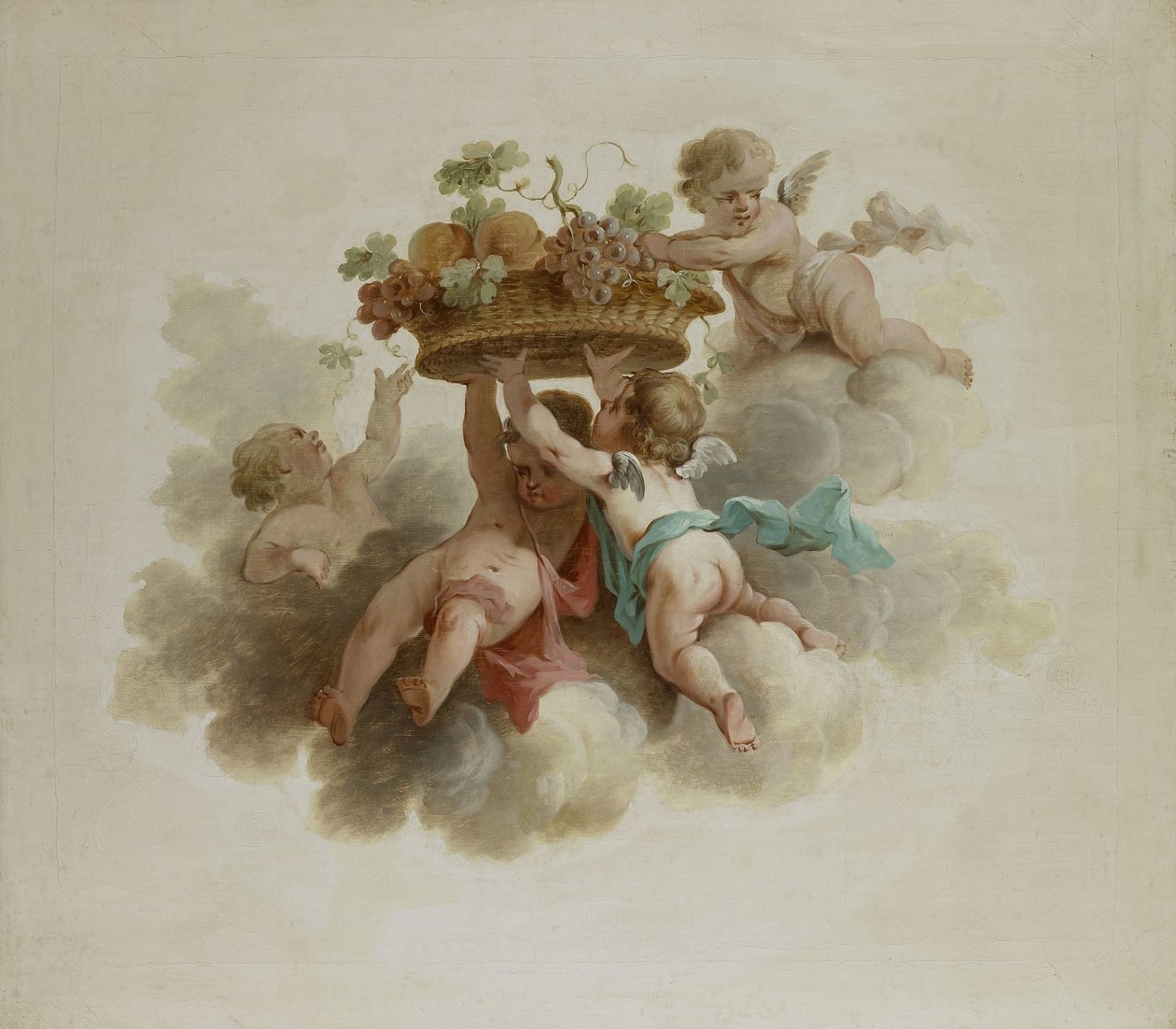 Fire Putti, der bærer en frugtkurv af Anonymous