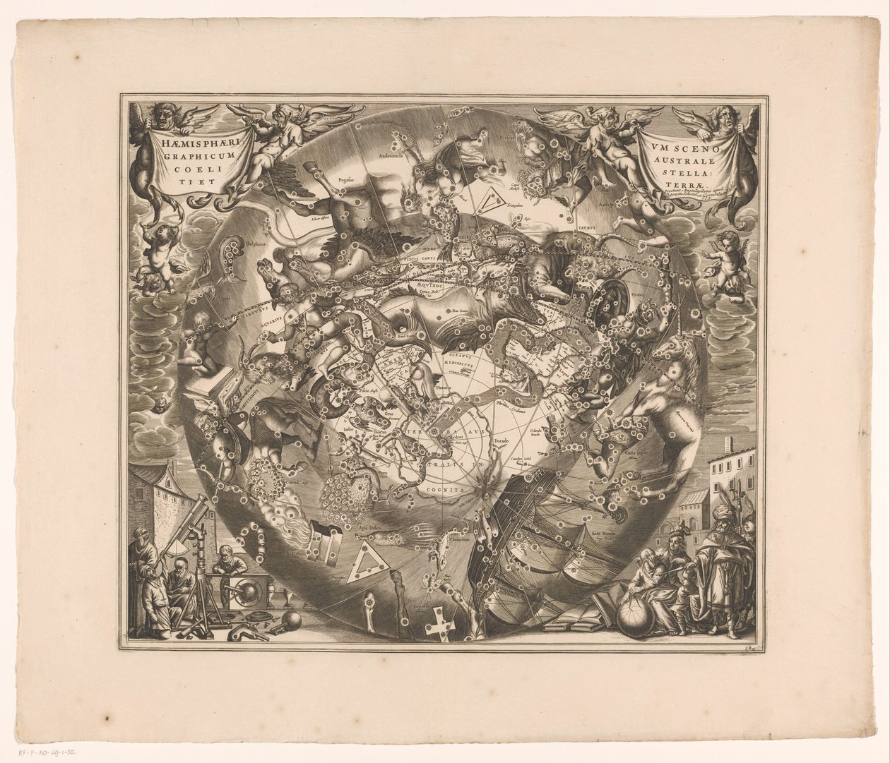 Himmelkort med de sydlige stjernebilleder Haemisphaerium scenographicum australe coeli stellati et terrae (titel på objekt) af Anonymous