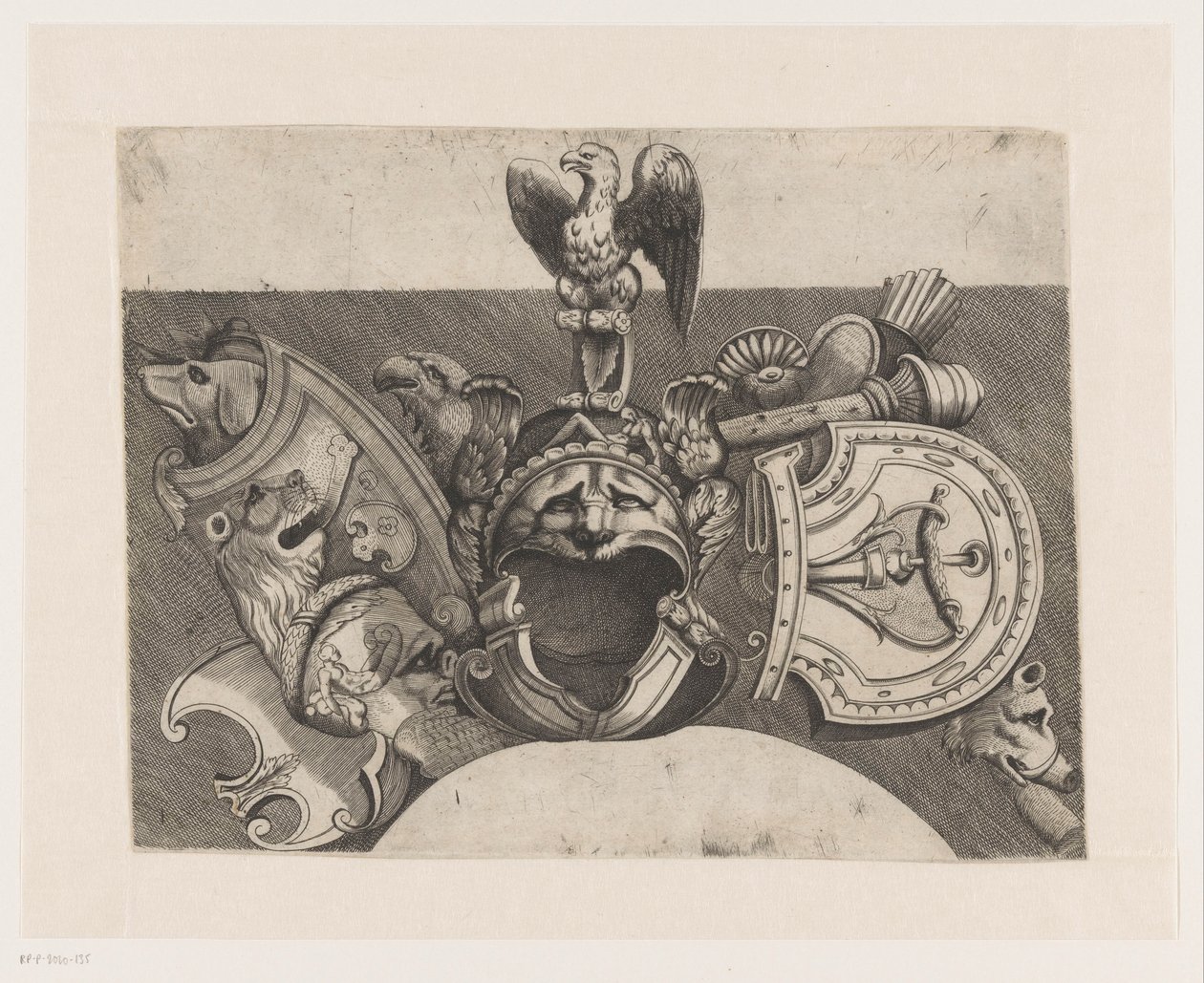 Ornament med hjelm, skjold, ørn og løve af Anonymous