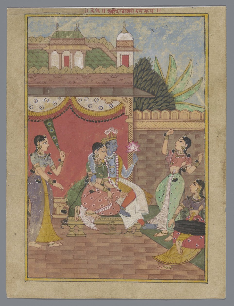 Radha og Krishna i et palads (Ragamala) af Anonymous