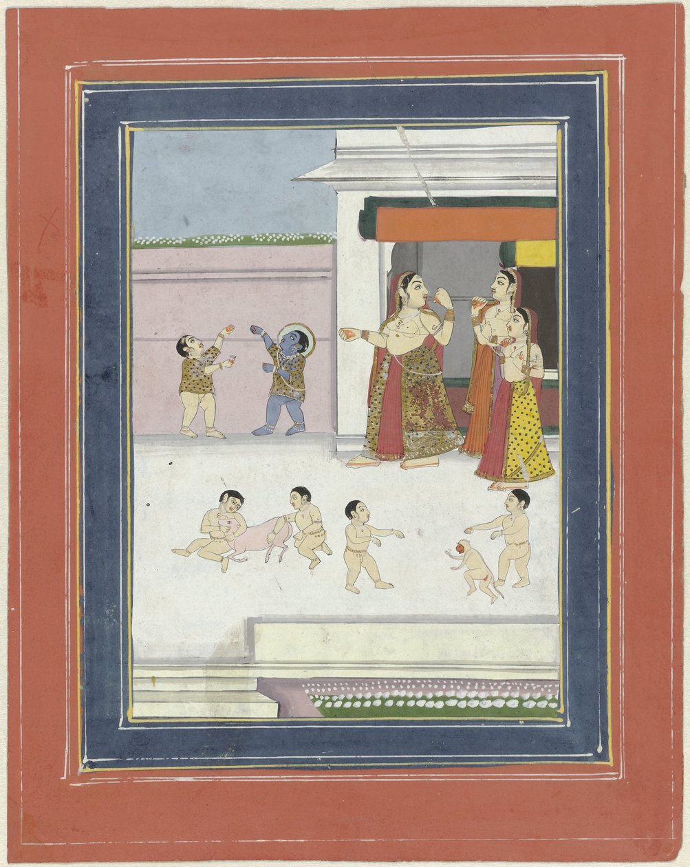 tre kvinder og børn leger med Krishna af Anonymous