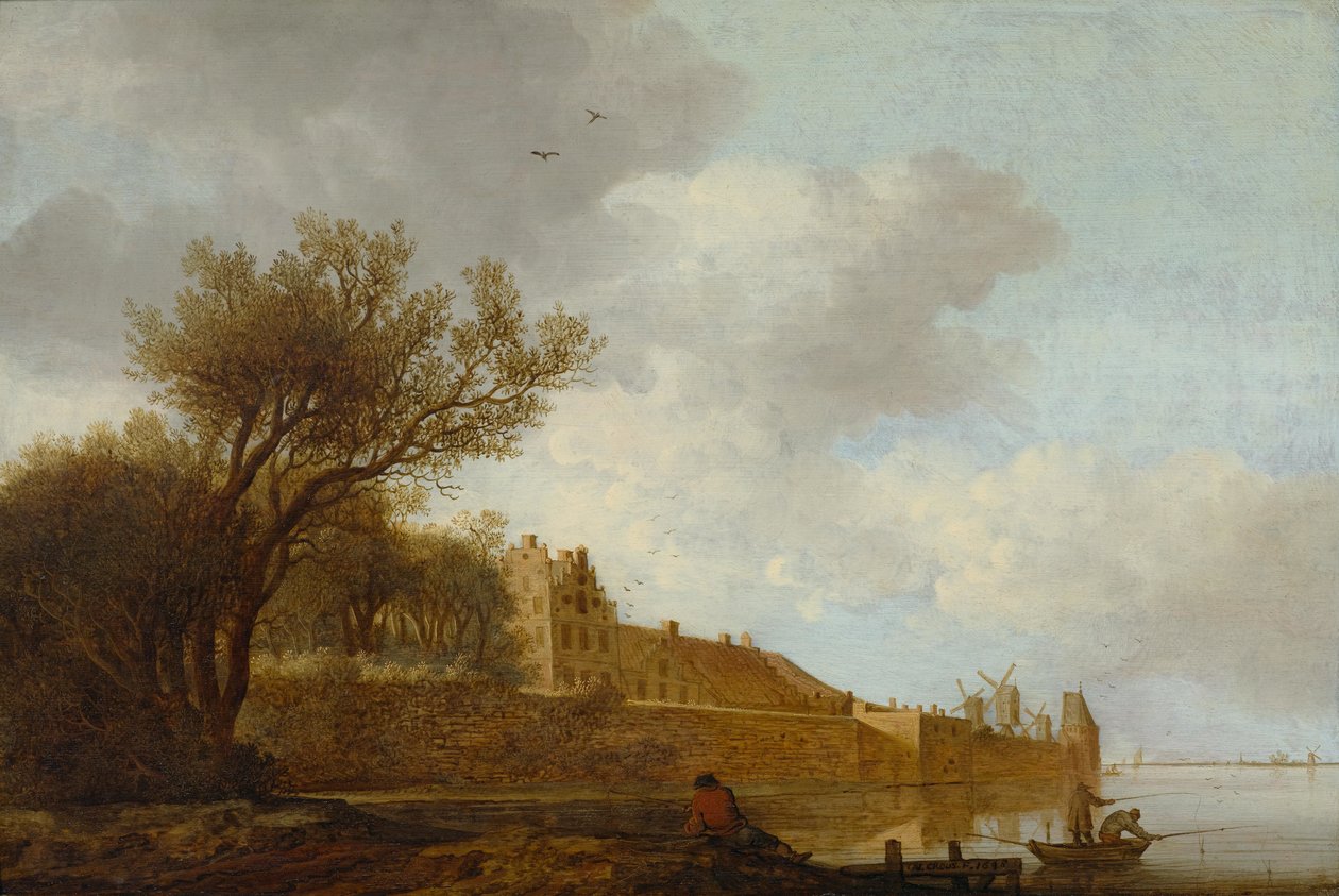 Flodmunding med fiskere foran en by af Anthonie Jansz. van der Croos  