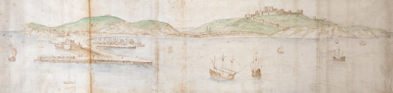 Dover fra havet, 1500-tallet (pen og blæk, kridt og wc på papir) af Anthonis van den Wyngaerde