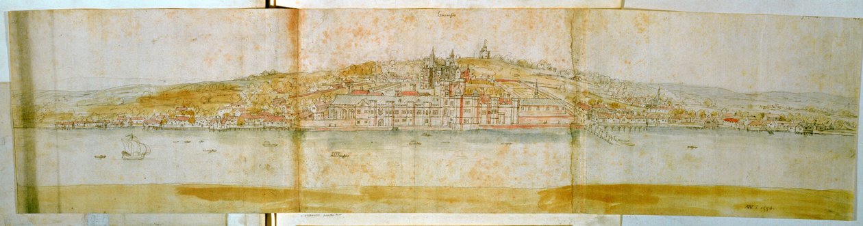 Greenwich Palace fra Themsens nordlige bred, ca. 1544 (pen og blæk og wc på papir) af Anthonis van den Wyngaerde