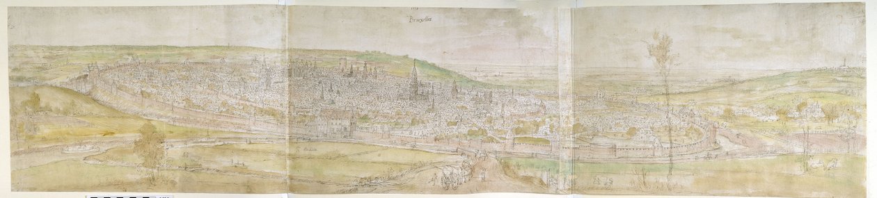 Panoramaudsigt over Bruxelles fra nord, 1558 (pen og brunt blæk med akvarel over spor af sort kridt) af Anthonis van den Wyngaerde