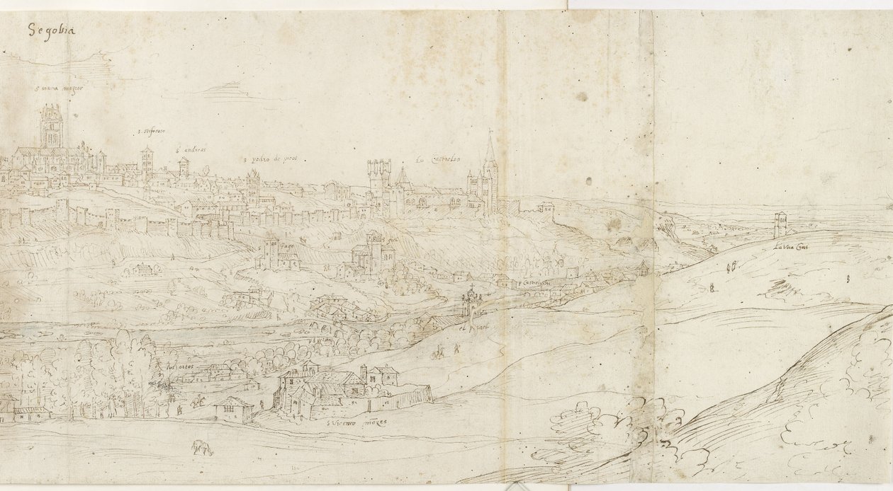 Panoramaudsigt over Segovia fra øst (pen og brunt blæk med strejf af blå vask over sort kridt) af Anthonis van den Wyngaerde