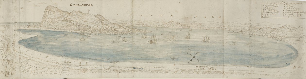 Panoramaudsigt over Gibraltar-bugten ser mod byen og den afrikanske kyst hinsides (pen og brunt blæk med blå vask over sort kridt) af Anthonis van den Wyngaerde