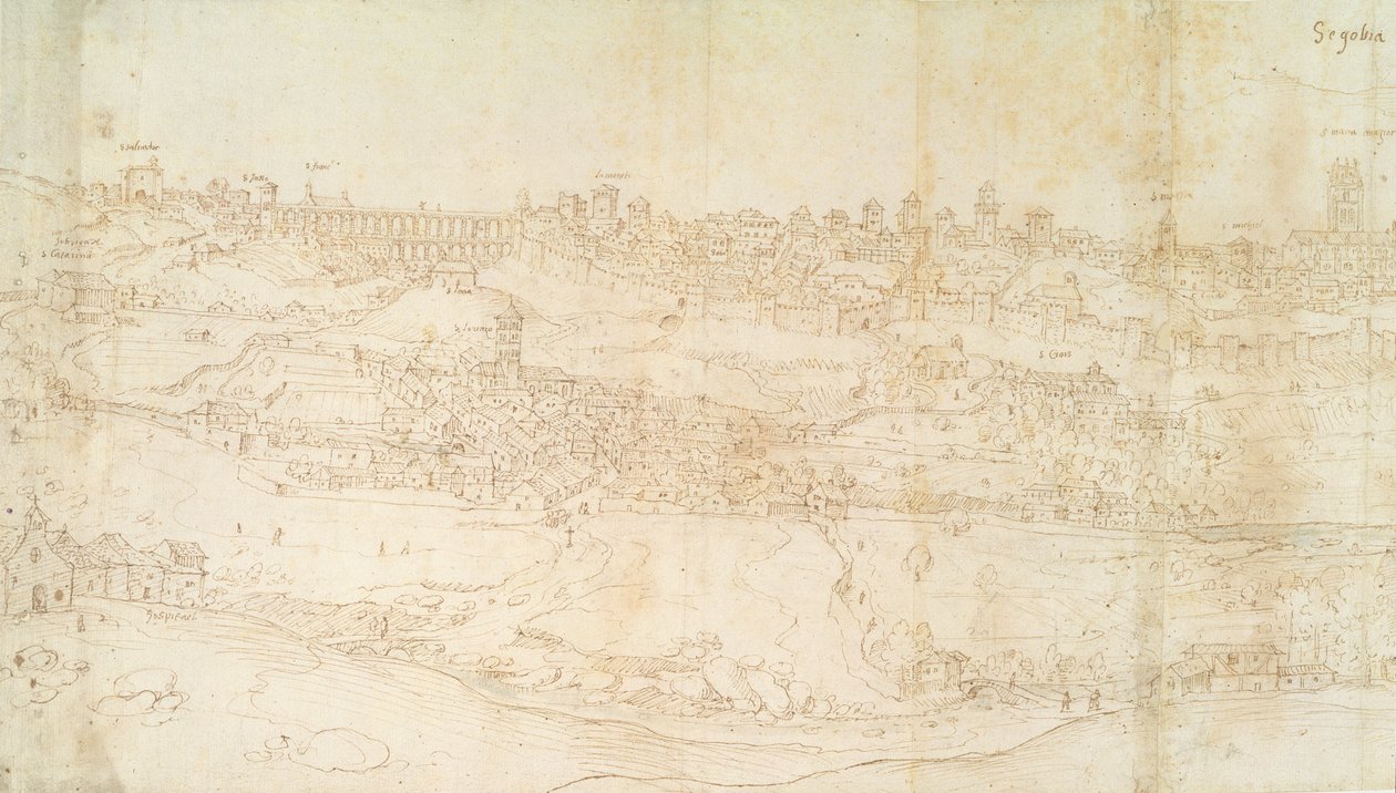 Udsigt over Segovia, 1500-tallet (pen og blæk på papir) af Anthonis van den Wyngaerde