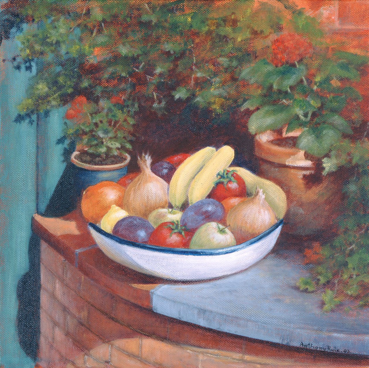Frugt og grønt al Fresco, 2003 (akryl) af Anthony Rule
