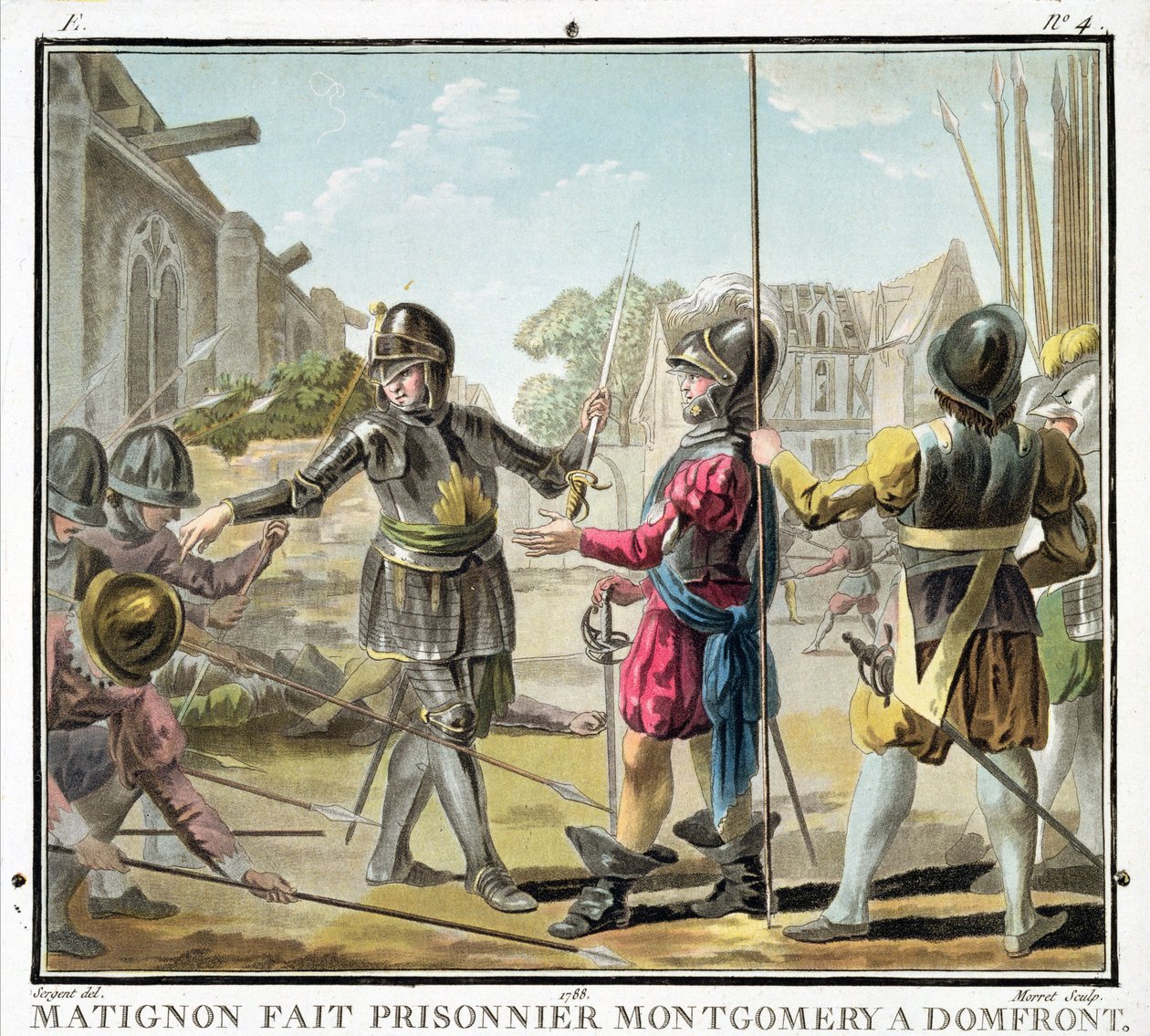 Jacques il Goyon, Lord of Matignon, Takes Montgomery a Domfront Prisoner, graveret af Jean Baptiste Morret (fl. 1790-1820), 1788 af Antoine Louis Francois Sergent Marceau