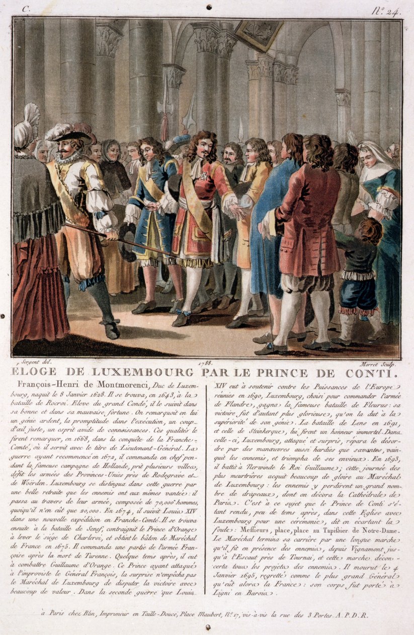 Prinsen de Conti (1664-1709) priser hertugen af Luxembourg (1628-95) efter hans sejr i slaget ved Neerwinden (1693), indgraveret af Jean Baptiste Morret (fl.1790-1820), 1788 (farvestik af Antoine Louis Francois Sergent Marceau