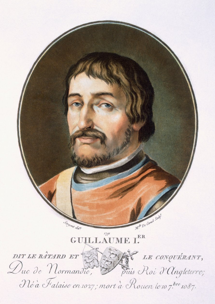 Vilhelm Erobreren, fra "Portraits des grands hommes, femmes illustres, et sujets memorables de France, grave et imprimes en couleurs", udgivet af Pierre Blin, 1786-92, Paris (farvestik) af Antoine Louis Francois Sergent Marceau