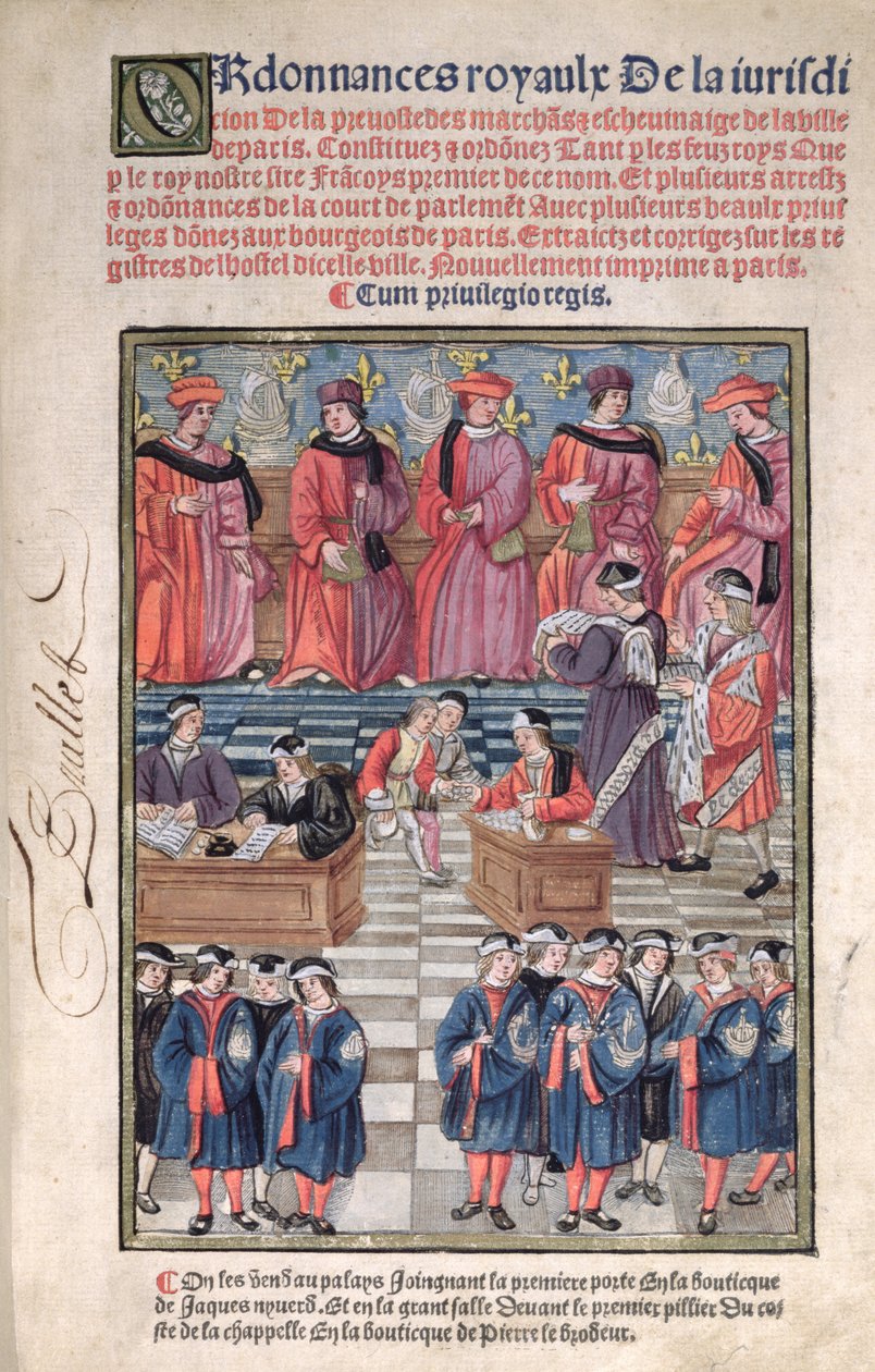 Provst for købmænd og rådmænd i Paris, scene for skatteopkrævning, titelblad fra "Ordonnances Royaux de la Juridiction de la Prevote des Marchands et Echevinage de la Ville de Paris", 1501, ny udgave af Antoine Verard