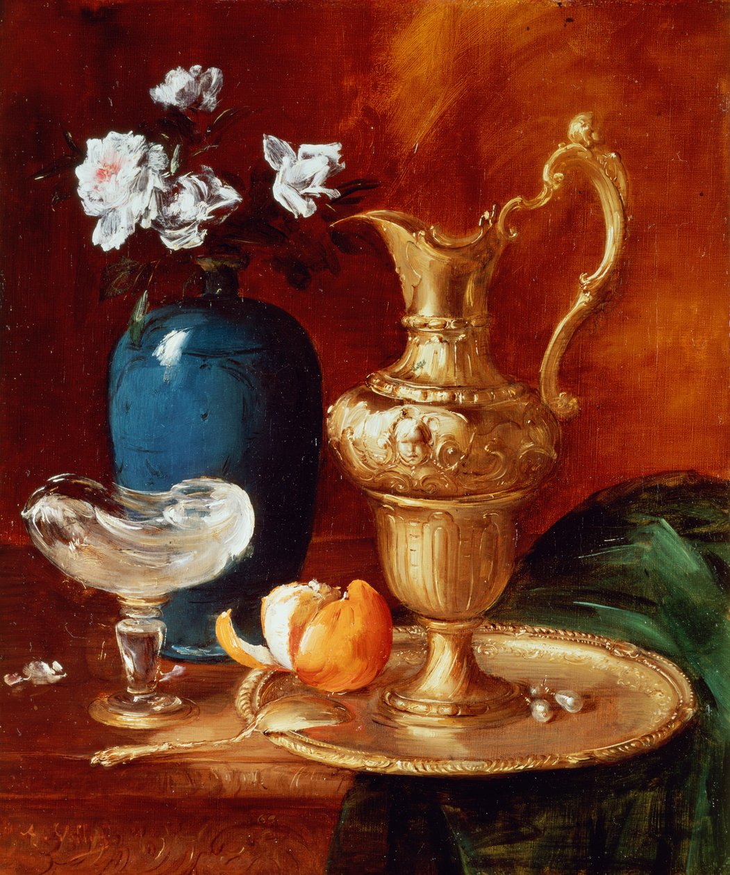 Stilleben af en forgyldt æler, vase med blomster og en facon de venise skål af Antoine Vollon