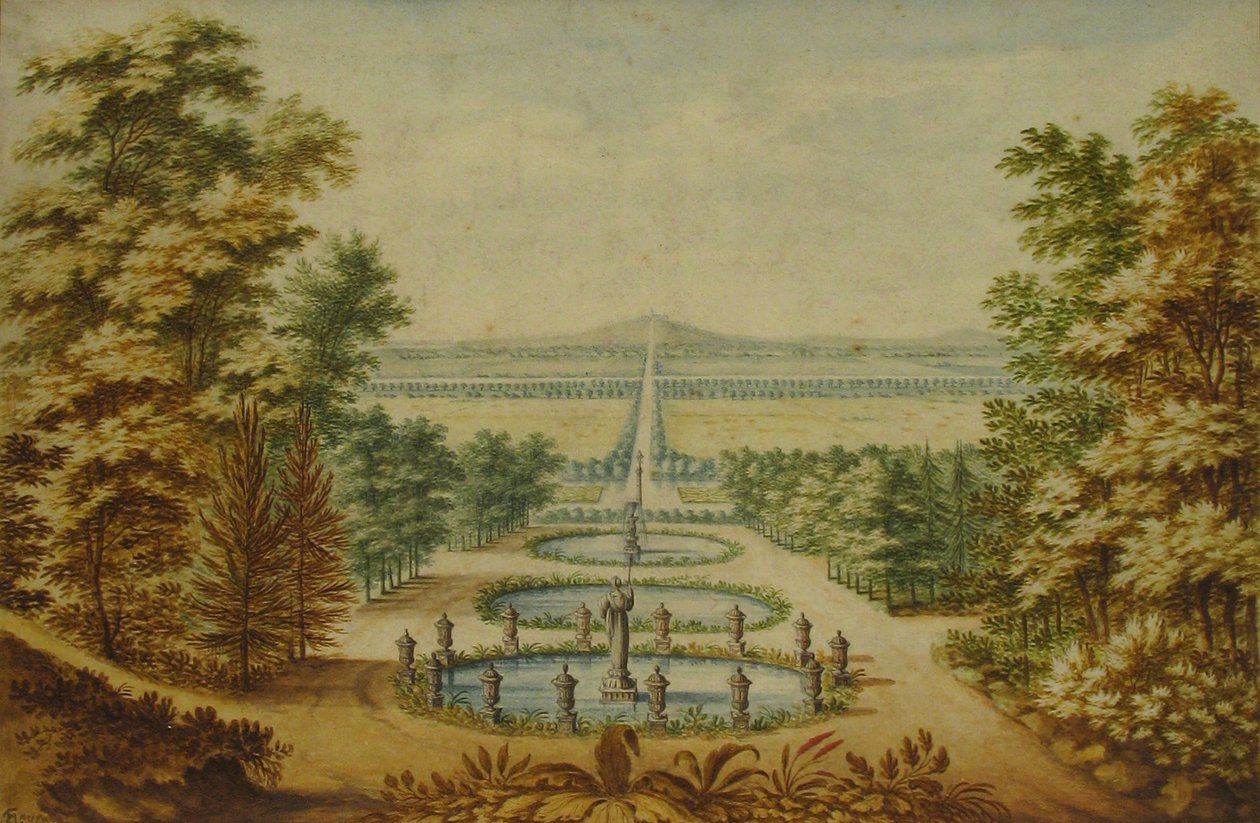 Naturskøn udsigt over haver, n.d.. af Antoine Claude Fleury