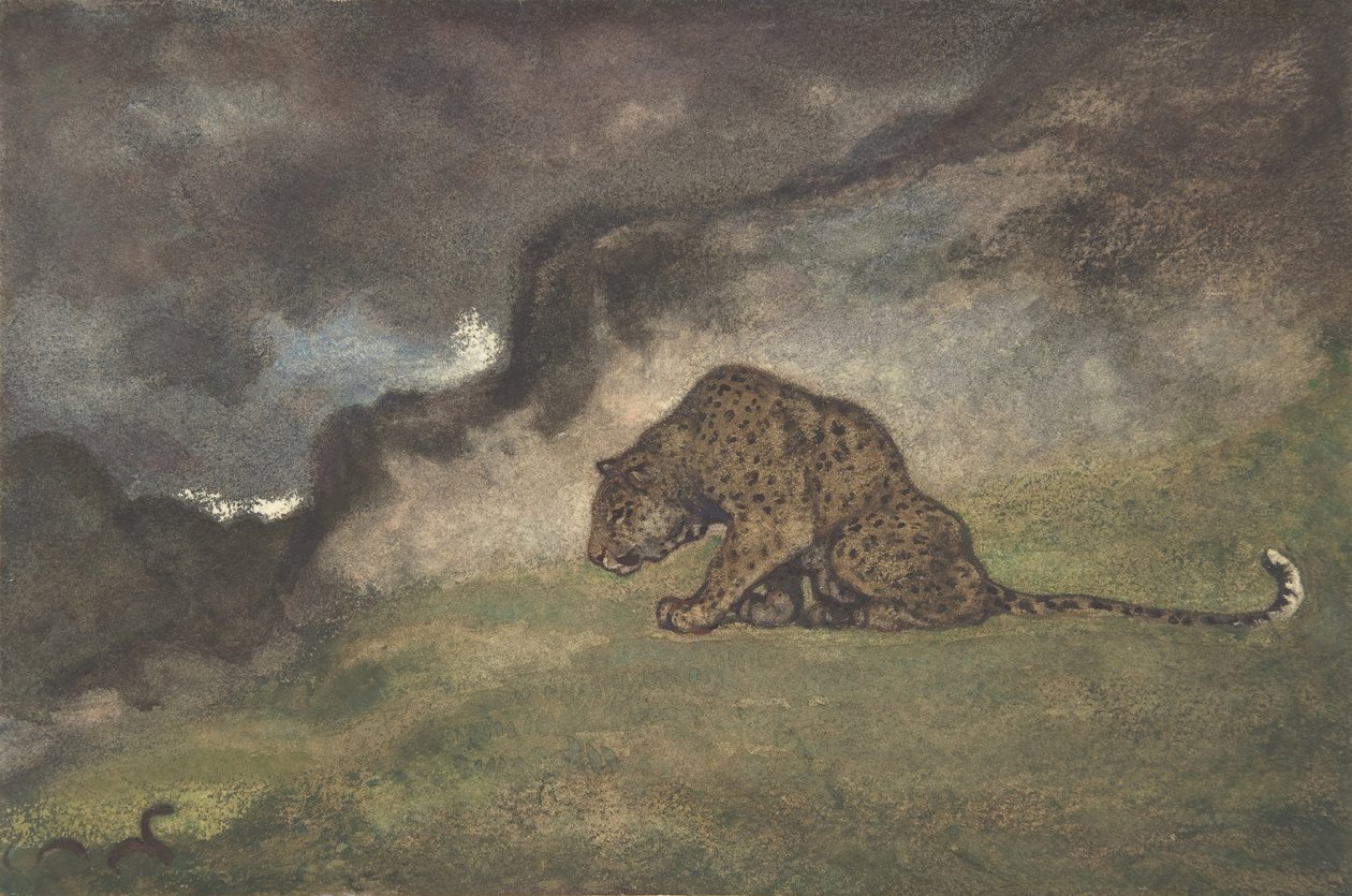 Leopard ser på slange, 1810-75. af Antoine Louis Barye