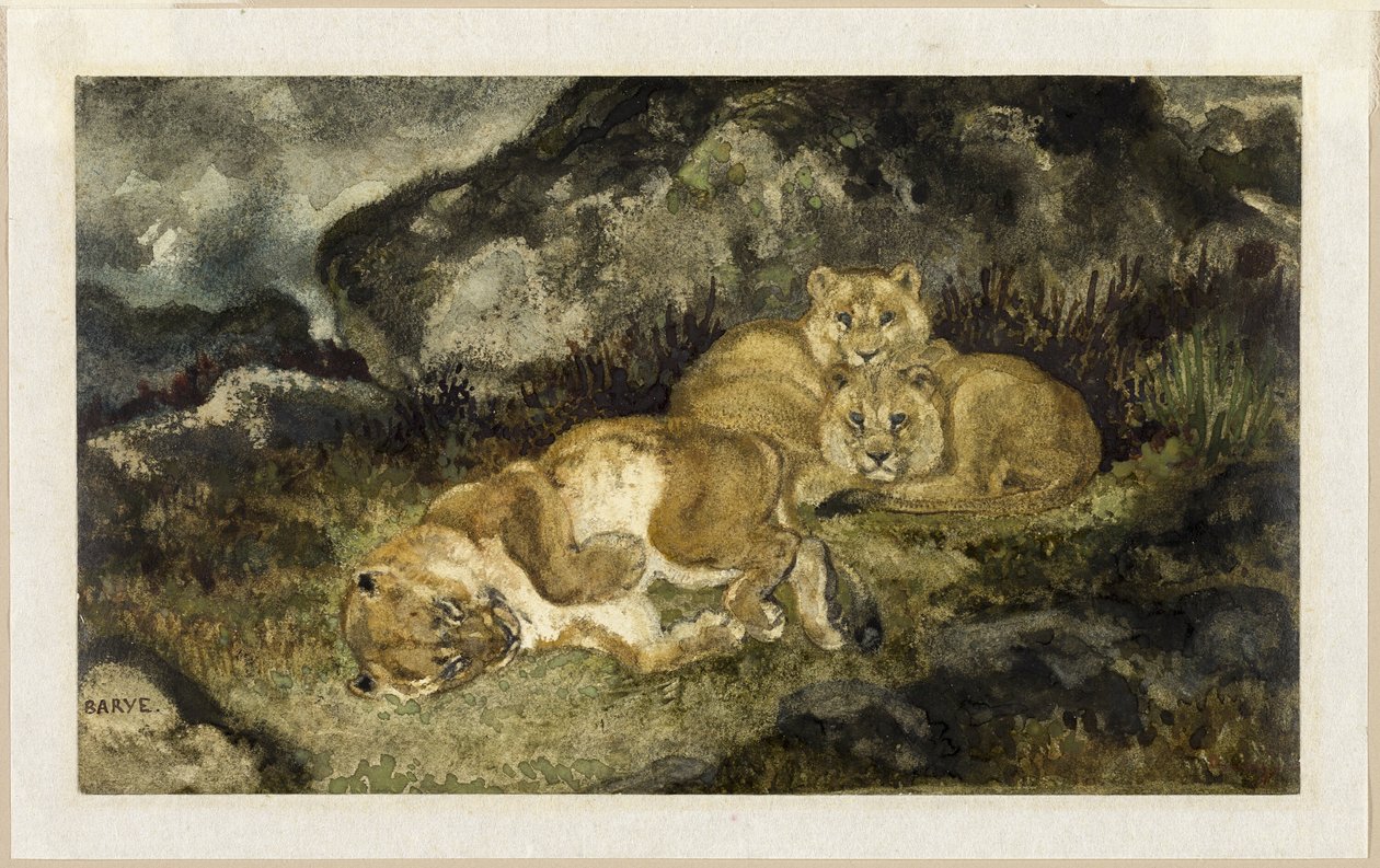 Løvinde og løveunger af Antoine Louis Barye