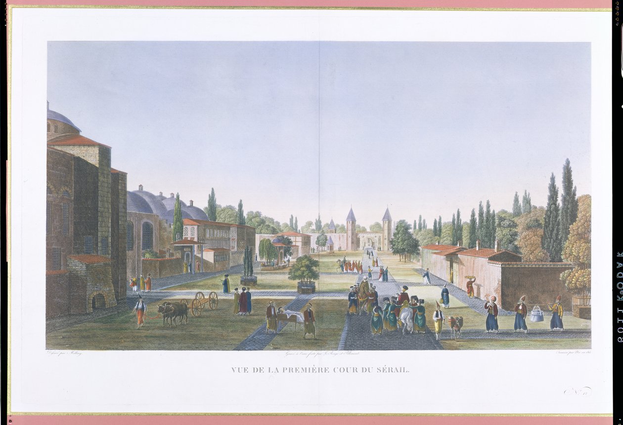Udsigt over den ydre gårdhave til Seraglio, Topkapi-paladset, Konstantinopel, indgraveret af Jean Nicolas Le Rouge og Jean Baptiste Pillement, 1815 (akvatinte) af Anton Ignaz Melling