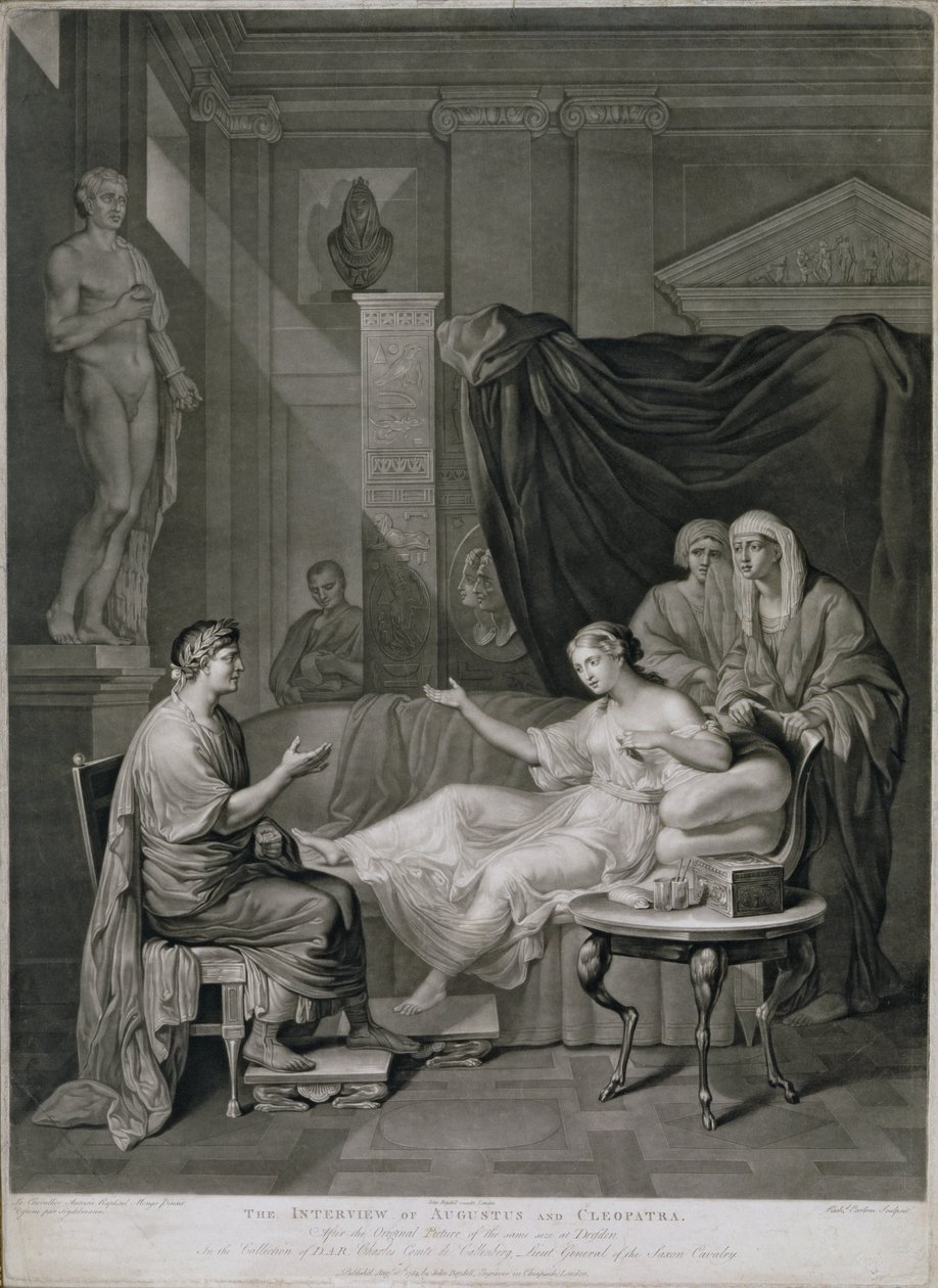 Interviewet med Augustus og Cleopatra, indgraveret af Richard Earlom (1743-1822) udgivet 1784 af Anton Raphael Mengs