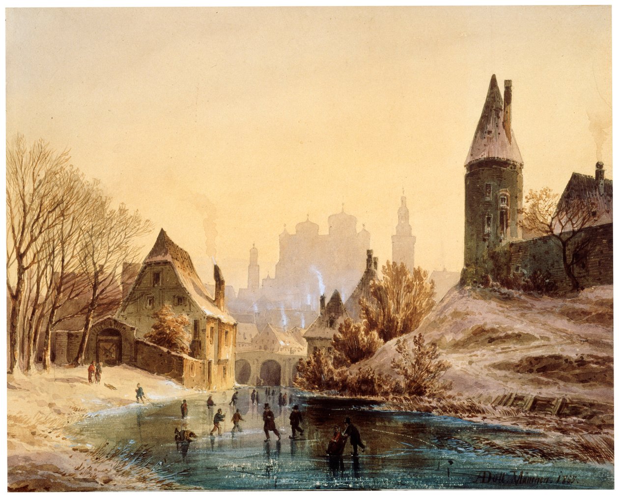 Skøjtebane ved en flod, 1855. af Anton Doll