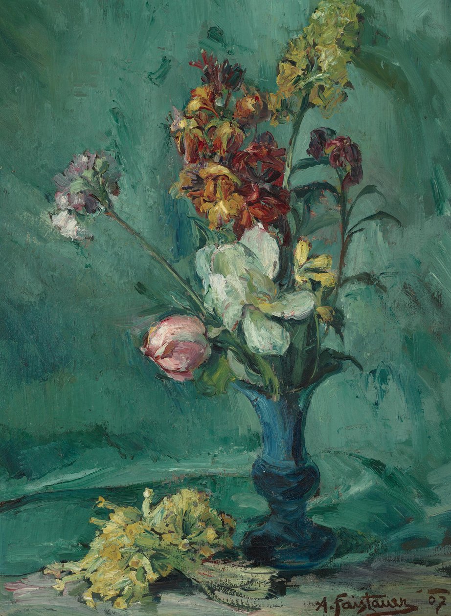 Blomster i blå vase og bundt primula af Anton Faistauer
