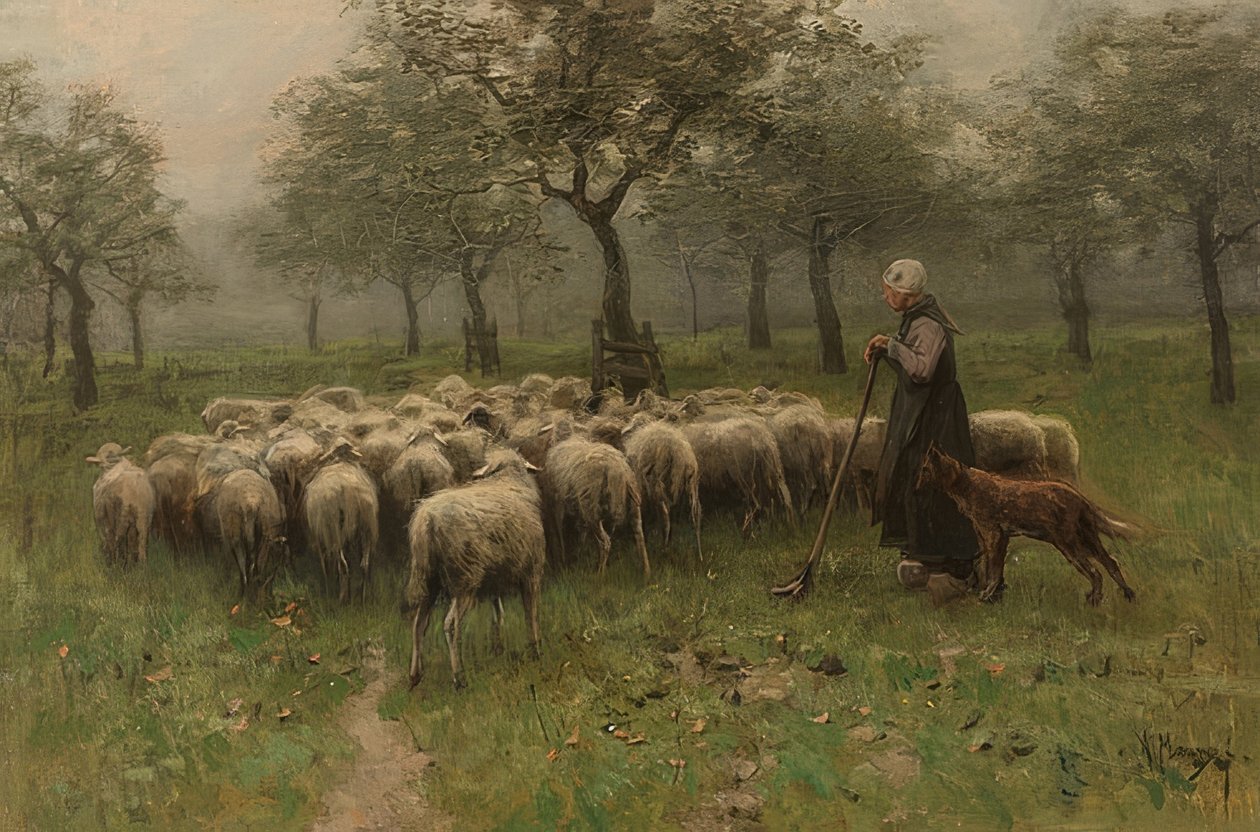 Hyrdinde med en flok får. Omkring 1870-88 af Anton Mauve