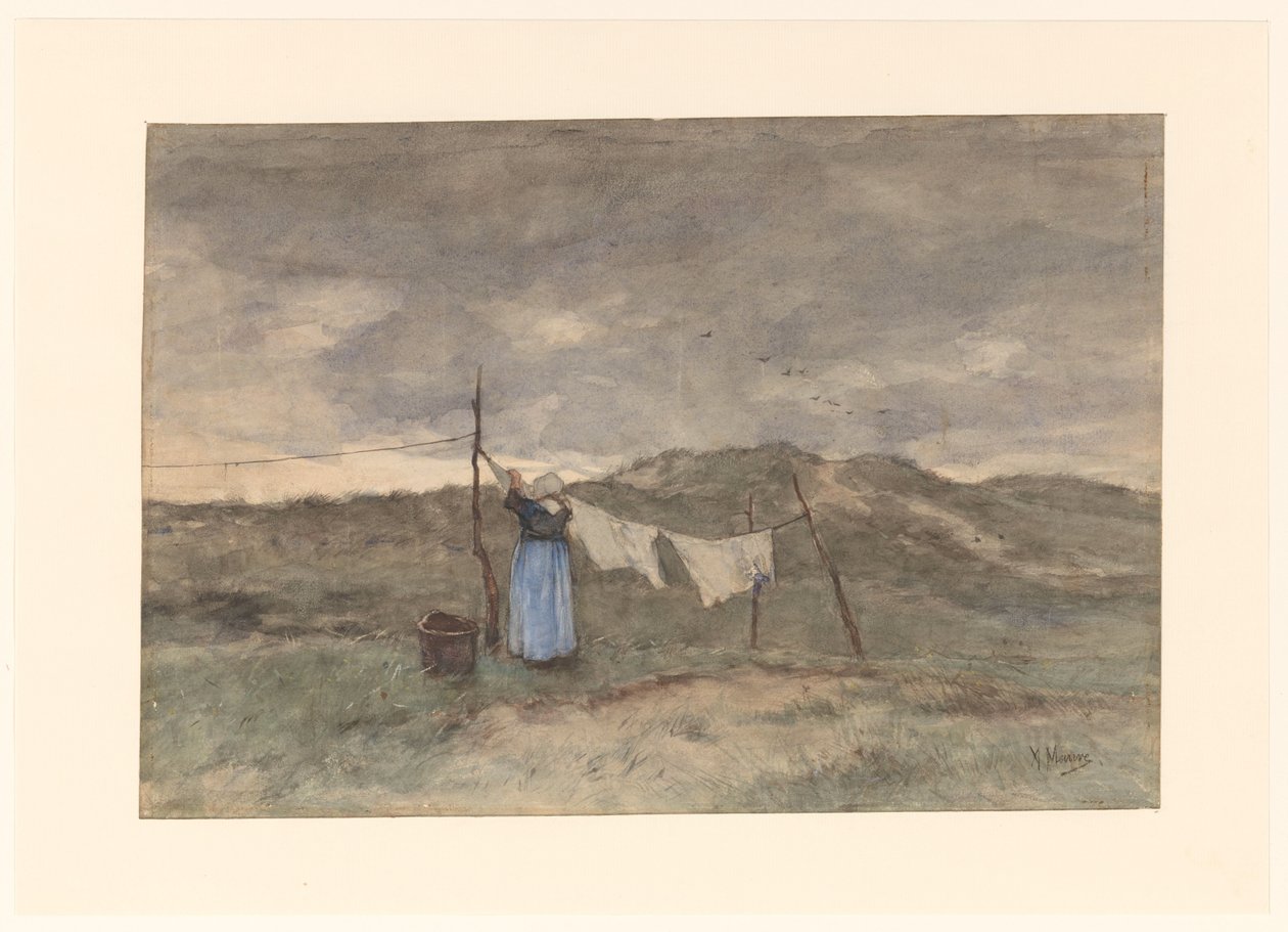 Kvinde ved en tørresnor i klitterne af Anton Mauve