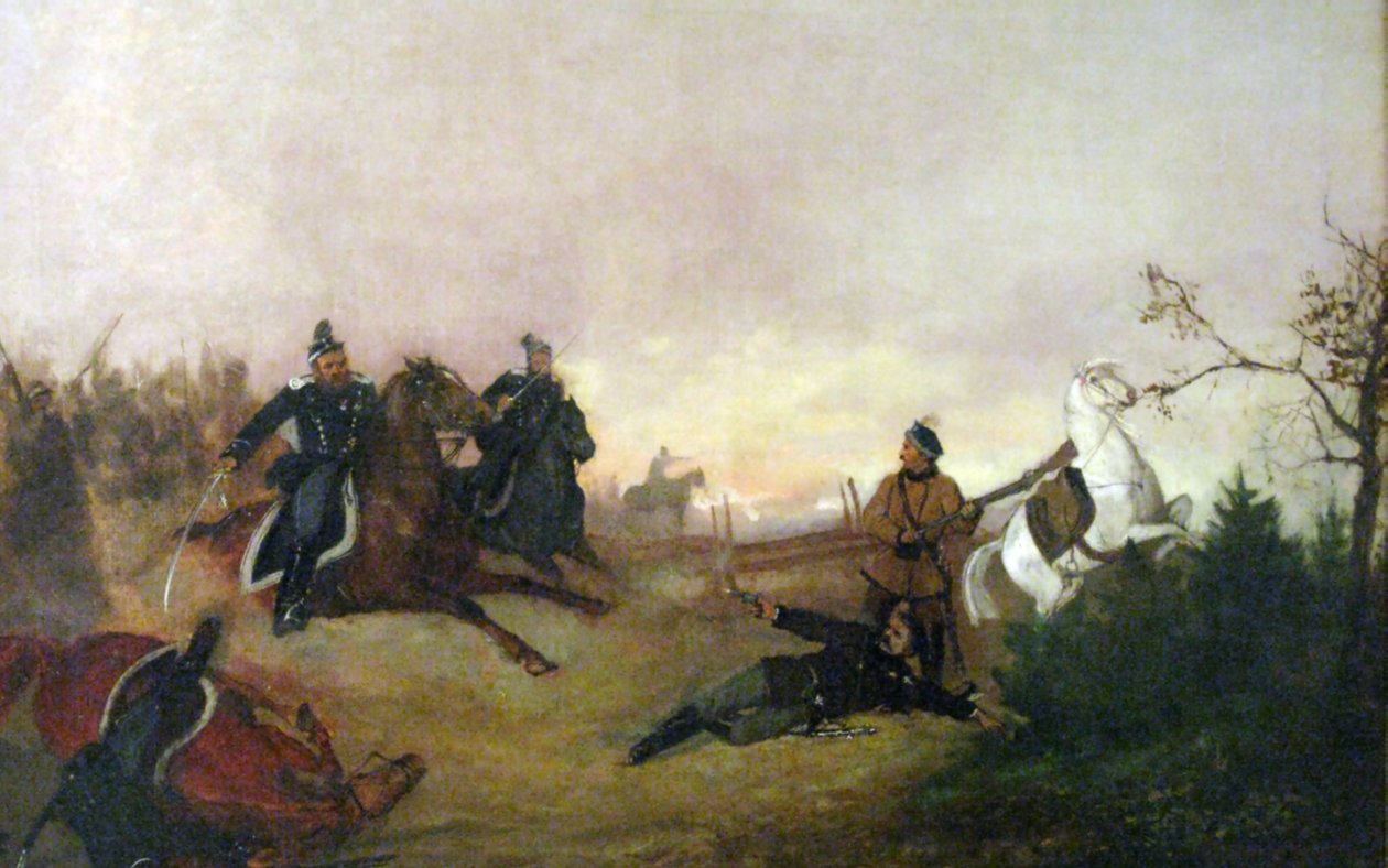 Dionizy Czachowskis død under slaget ved Wierzchowiska i 1863. n Polsk: Dionizy Czachowskis død i slaget ved Wierzchowiska i 1863. af Maksymiljan Antoni Piotrowski