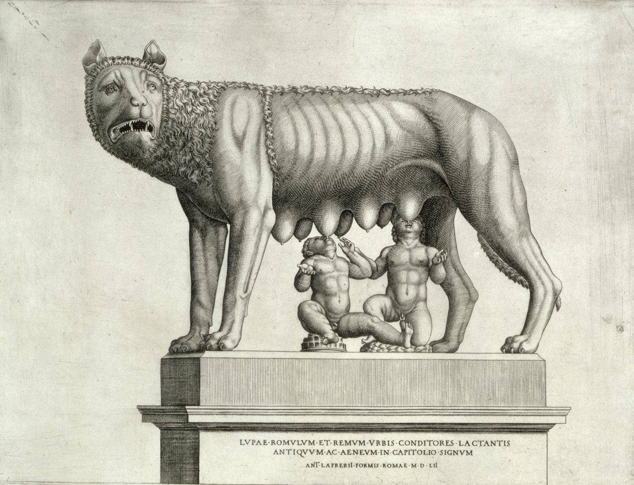 Tegning af den etruskiske bronze af hunulven, der dier Romulus og Remus, 5. århundrede f.Kr., i Capitoline Museum, 1552 af Antonio Lafreri