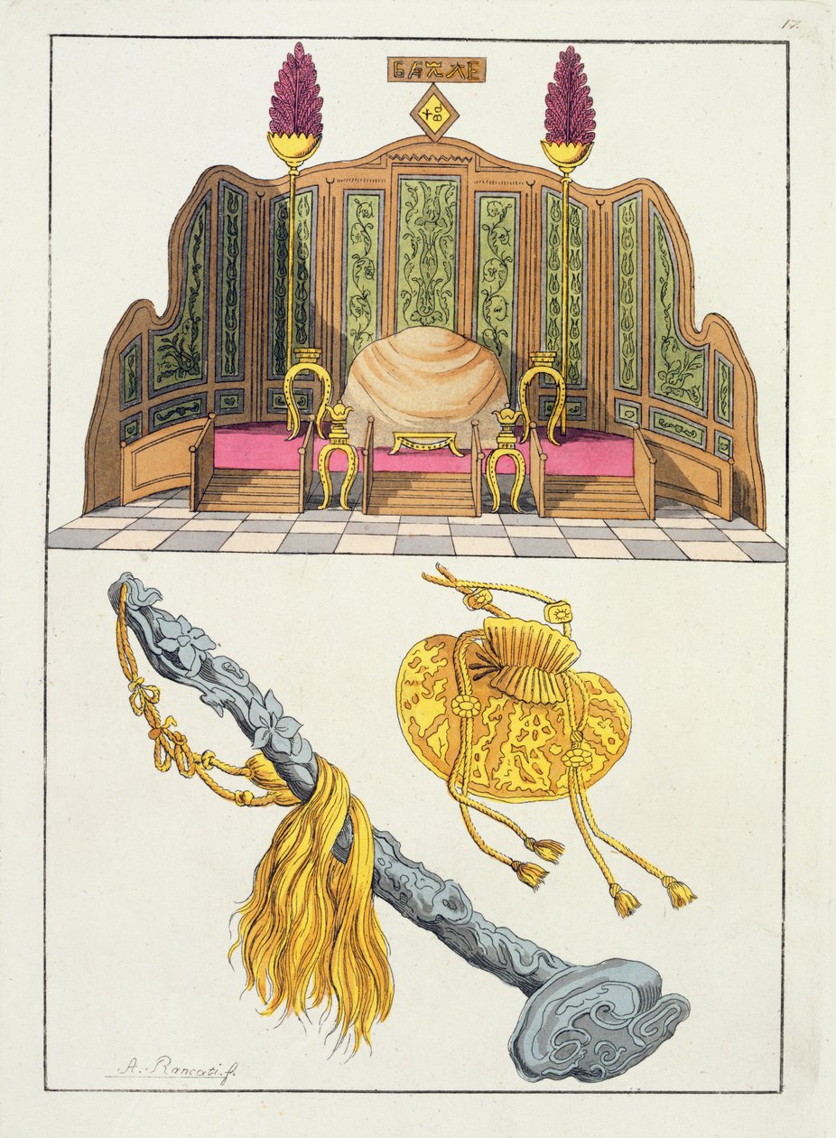 Trone af en kinesisk kejser, yo-yo scepter og hue, illustration fra "Le Costume Ancien et Moderne" af Giulio Ferrario, udgivet i 1820-30